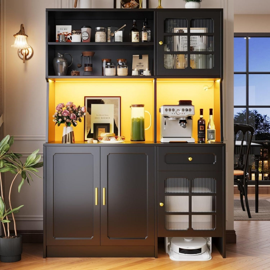 Buffet haut bordeaux, eclairage LED integre, rangement elegant