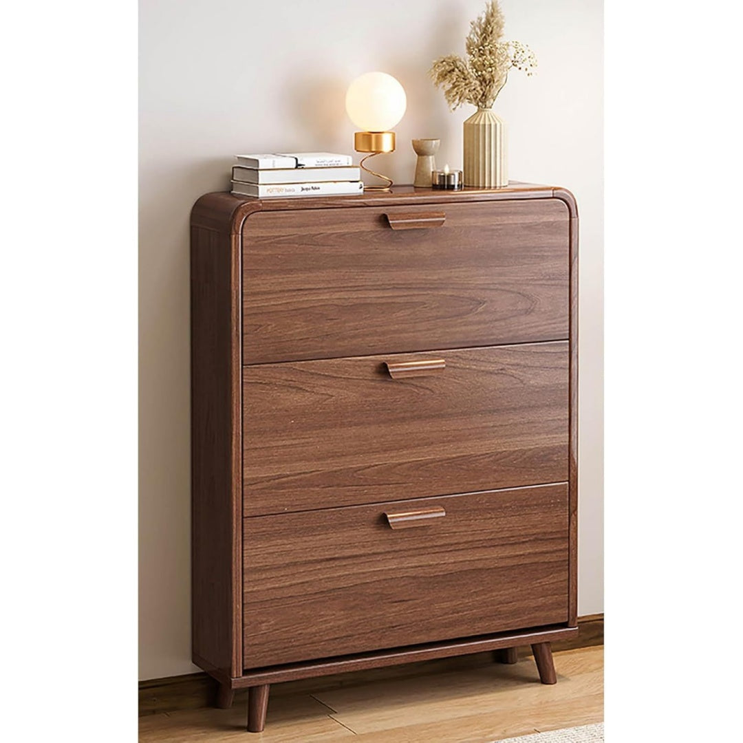 Rangement meuble a chaussures, marron avec trois portes, une etagere