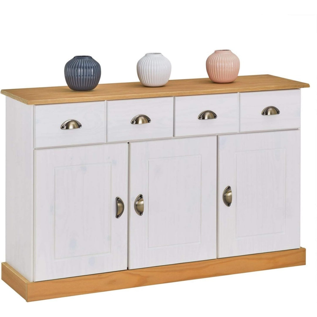 Commode en bois massif gris clair 2 tiroirs et 3 portes