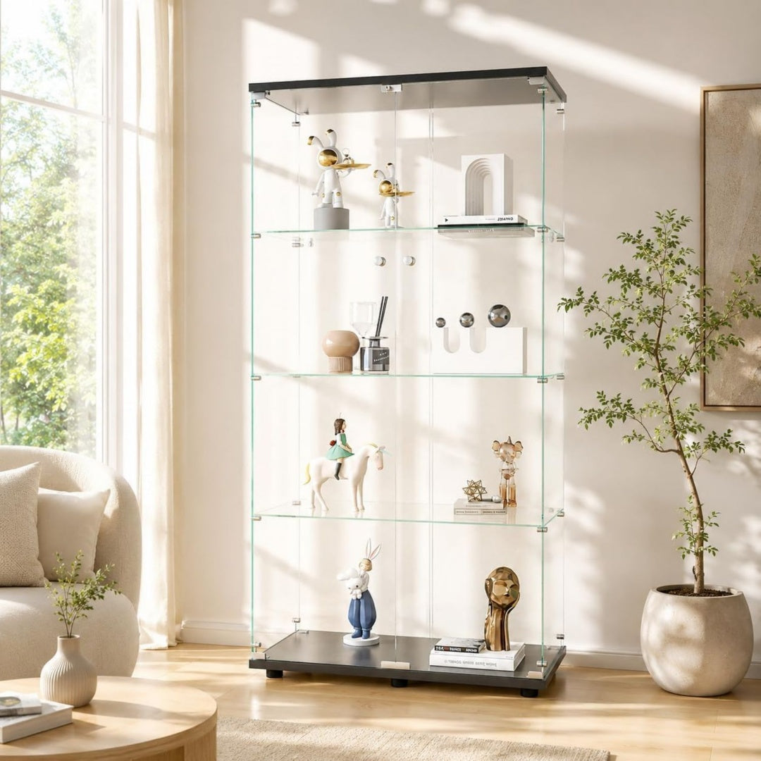 Vitrine gris clair, deux portes, verre trempe, style contemporain
