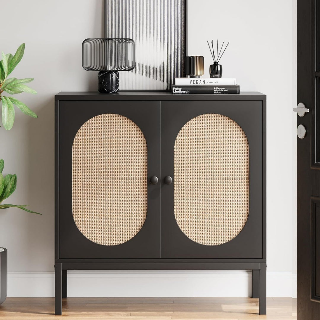 Buffet en rotin, gris, contemporain (83 x 80 x 40 cm)