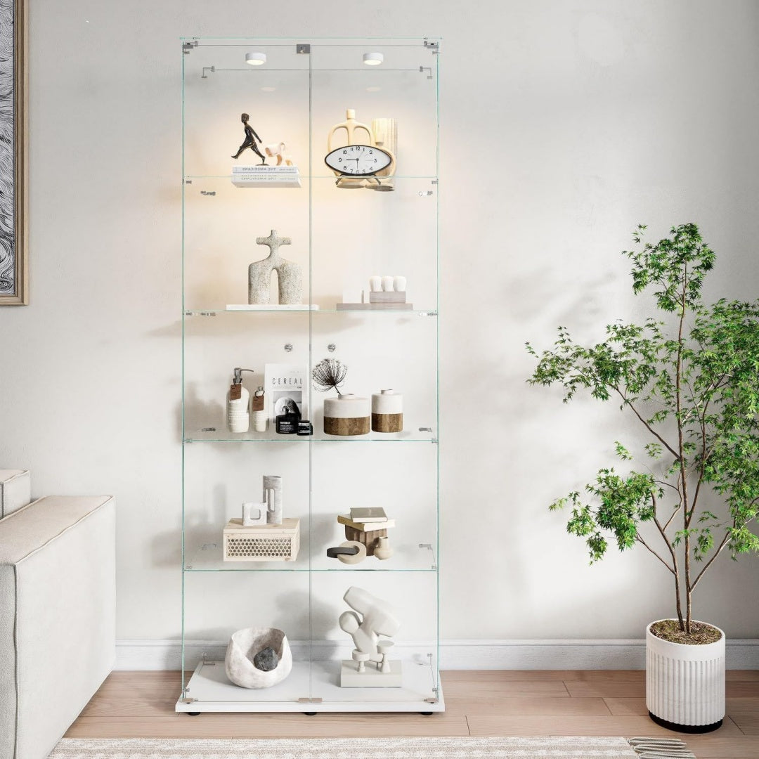 Vitrine gris clair design contemporain, deux portes, cinq etageres