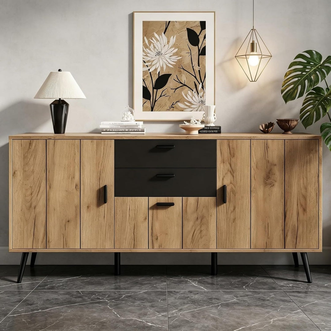 Ce credence marron en bois trouve sa place salon style industriel
