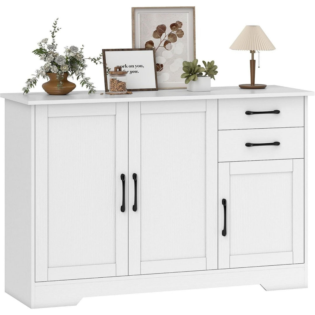 Buffet gris clair 3 etageres, style contemporain bois ingenierie pour salon