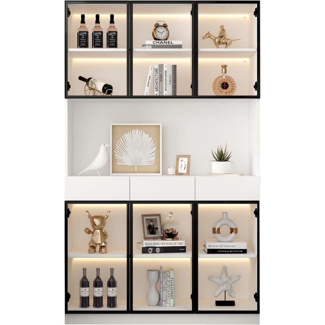 Bibliotheque installation murale gris clair 6 portes et 3 tiroirs