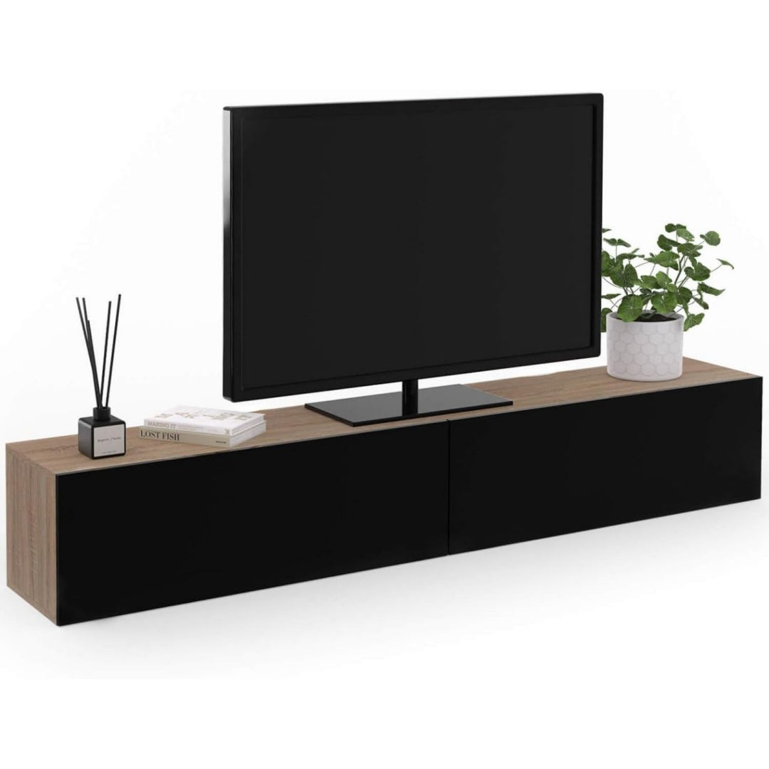 Banc TV gris fonce avec rangement en 2 portes, structure metallique